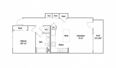 Floor plan for 1 bed, 1 bath, 722 sqft